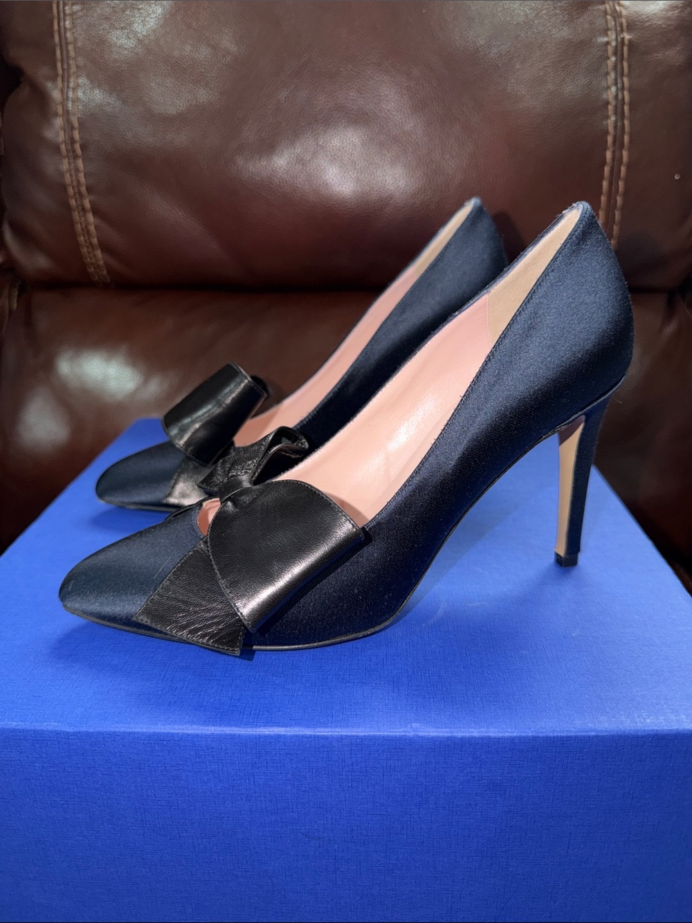 ‼️Kate Spade Blue Satin Black Bow Tie Pumps Heels